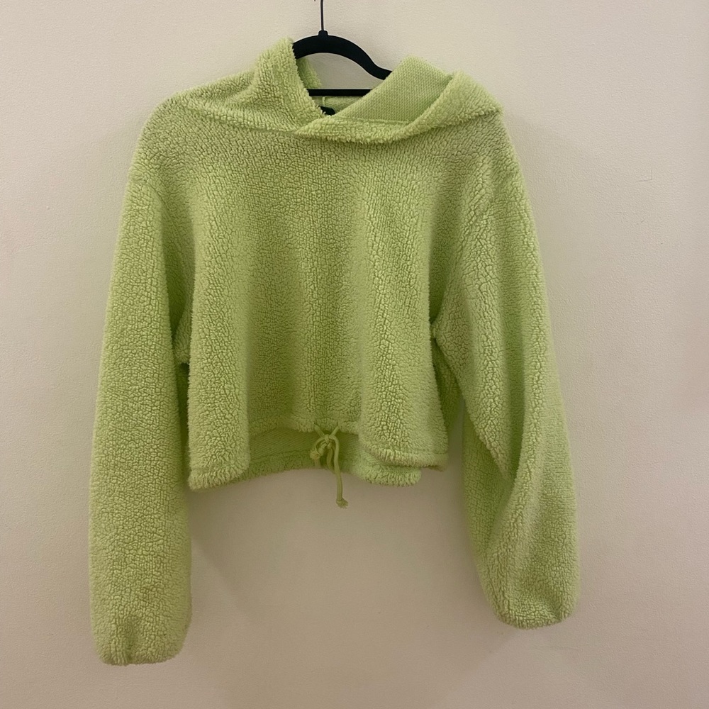 Lime Green Sherpa Cropped Hoodie